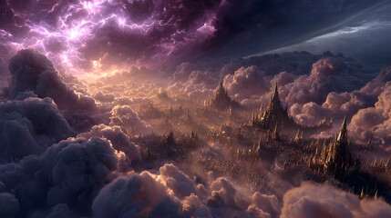 A cinematic high-resolution depiction of the War in Heaven, radiant golden angels forming divine phalanxes, shadowed rebel legions swarming through crimson storm clouds,