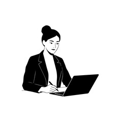 Black and white line art of a beautiful successful career woman working at desk with laptop illustration