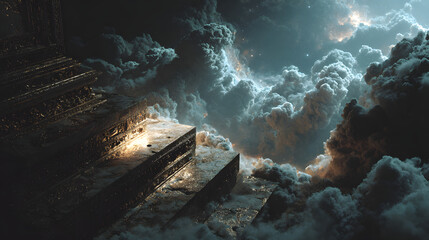 A cinematic depiction of shattered marble structures inscribed with glowing divine symbols, tumbling weightlessly through a galactic void of stars and glowing nebula clouds,