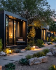 Modern, minimalist tiny homes with thoughtfully placed landscape lighting create a serene and inviting outdoor space.