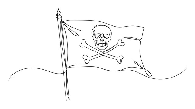 Pirate jolly roger flag waving &ndash; continuous line art vector