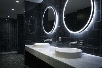 Modern restroom featuring two round mirrors with LED lighting, elegant white sinks, and dark black tile walls.