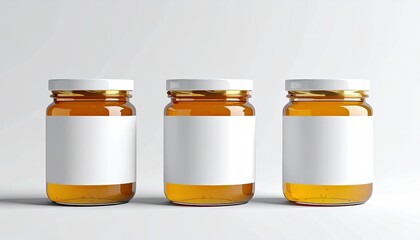 Three amber glass jars with white labels, gold lids, and honey-like contents, arranged in a row against a plain white background