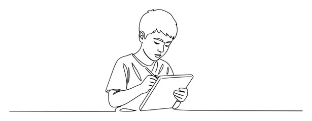 single one line drawing of a young boy using a digital tablet for education or entertainment e-learning concept vector sketch