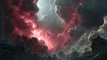 A cinematic depiction of divine light bursting through dark storm clouds, casting a glow on the sorrowful faces of fallen angels, their tattered wings drooping, crimson lightning splitting the sky,