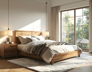 cozy bedroom interior with a modern bed, soft pillows, fluffy blanket, wooden nightstands with lamps, and a large window with natural light

