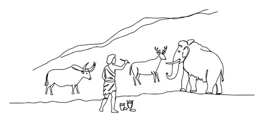 hunter feeding mammoth and antelope monoline vector lineart handmade