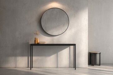 A minimalist entryway with a round mirror, console table, and small side table, bathed in soft natural light.