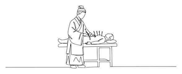 ancient healer setting fractured bone on patient table monoline vector lineart