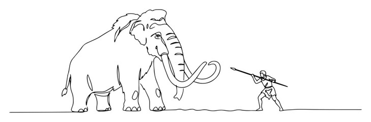 spear hunter confronting giant mammoth attack vector engraving monoline