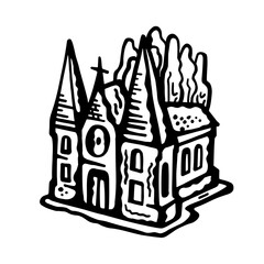 
Vector illustration black and white of a gothic late medieval cathedral with stained glass windows and spires, in comic book style, on a white isolated background