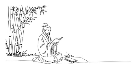 ancient chinese scholar or confucius reading scroll under bamboo continuous one line drawing vector