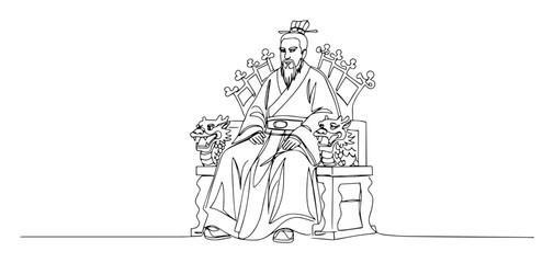imperial emperor seated on ornate throne surrounded by blossoms monoline oneline vector outline