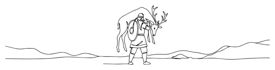 prehistoric hunter carrying reindeer on back monoline thin lineart vector design