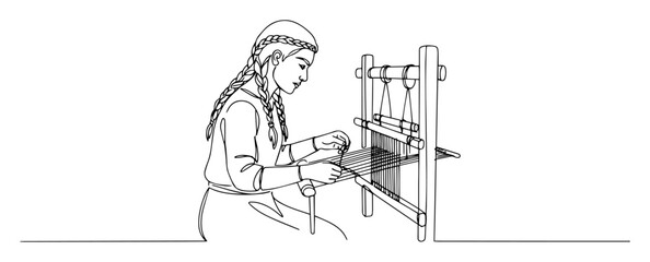 an ancient viking woman weaving on a traditional loom historical craft concept single line drawing vector art