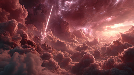 A cinematic cosmic battle of Archangel Michael ablaze with holy fire, spear raised high, leading angelic legions through crimson storm clouds and violet lightning,