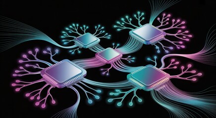 Dynamic abstract illustration of interconnected processors and data streams on a black background