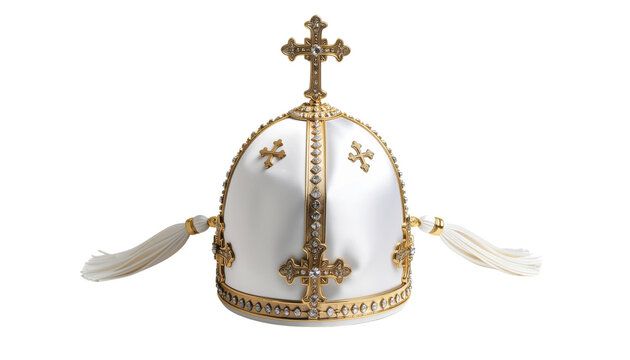 A white miter ornately decorated with gold crosses fleur delis and tassels isolated on solid white background Png