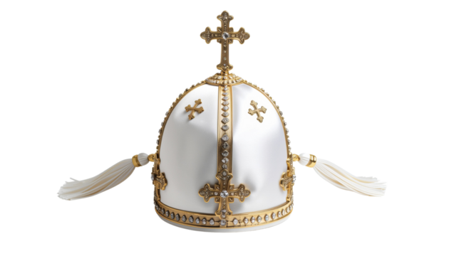 A white miter ornately decorated with gold crosses fleur delis and tassels isolated on solid white background Png