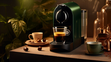Tasse de café ou cappuccino avec machine à café et grains de café. Boisson chaude, ambiance chaleureuse, relaxante et sombre. Arrière-plan pour conception et création graphique.	