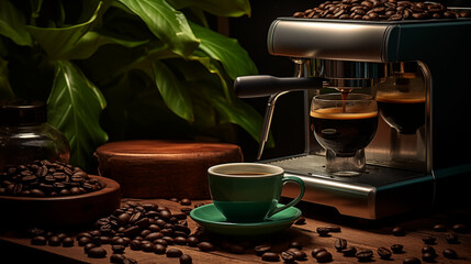 Tasse de café ou cappuccino avec machine à café et grains de café. Boisson chaude, ambiance chaleureuse, relaxante et sombre. Arrière-plan pour conception et création graphique.	