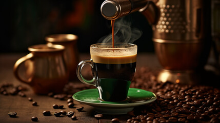 Tasse de café ou cappuccino avec machine à café et grains de café. Boisson chaude, ambiance chaleureuse, relaxante et sombre. Arrière-plan pour conception et création graphique.	