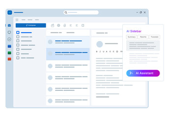 email client with an integrated AI assistant sidebar graphic visualizes the use of artificial intelligence in business communication and productivity offering features like summarization rewriting and