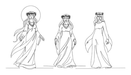 triple moon goddess maiden mother crone concept elegant continuous line drawing vector monoline