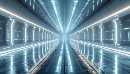 Futuristic corridor with reflective floor and bright glowing lights, leading to a circular opening with atmospheric perspective