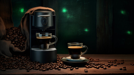 Tasse de café ou cappuccino avec machine à café et grains de café. Boisson chaude, ambiance chaleureuse, relaxante et sombre. Arrière-plan pour conception et création graphique.	