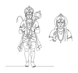 hindu gods hanuman and rama monoline thin lineart vector illustration