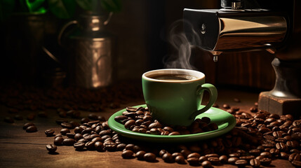 Tasse de café ou cappuccino avec machine à café et grains de café. Boisson chaude, ambiance chaleureuse, relaxante et sombre. Arrière-plan pour conception et création graphique.	