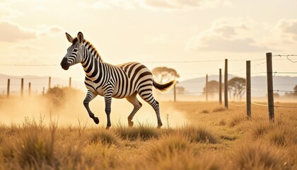 Naklejka premium Majestic Zebra in a Golden Sunset, Galloping Through Dusty Plains with Fencing and Soft Grass Under a Dramatic Sky