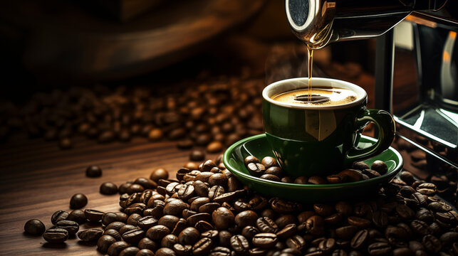 Tasse de caf&eacute; ou cappuccino avec machine &agrave; caf&eacute; et grains de caf&eacute;. Boisson chaude, ambiance chaleureuse, relaxante et sombre. Arri&egrave;re-plan pour conception et cr&eacute;ation graphique.	