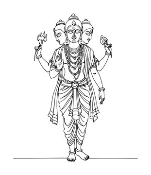 multi faced hindu god brahma with four heads and multiple arms intricate thin line art vector outline