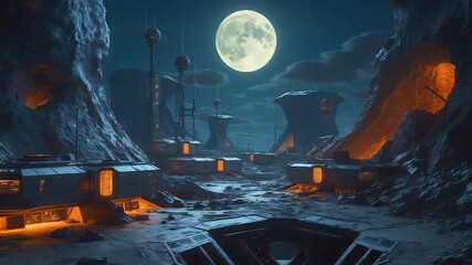 Lunar colony settlement with glowing structures under bright full moon surrounded by rocky cliffs and illuminated night science fiction landscape - Powered by Adobe