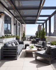 Modern, stylish rooftop terrace boasts comfortable furniture and a breathtaking city view.