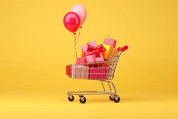 A shopping cart filled with colorful gift boxes and balloons against a yellow background