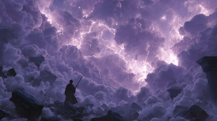 A cinematic battlefield of Lucifer silhouetted, obsidian sword raised, fragments of shattered marble gates floating around him, violet lightning arcing across storm clouds,