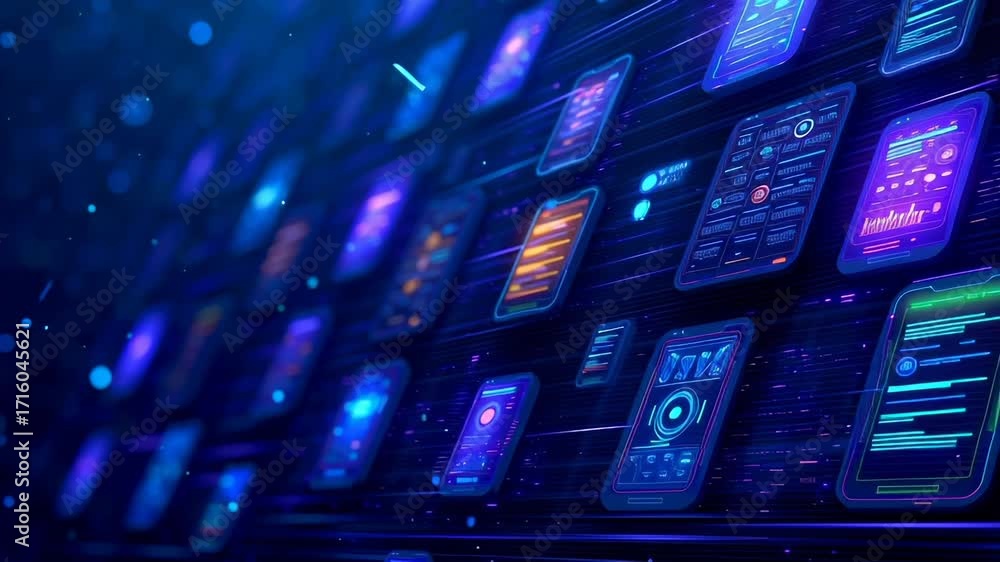 Poster multiple futuristic digital interface screens with data visualization, graphs, and user experience d