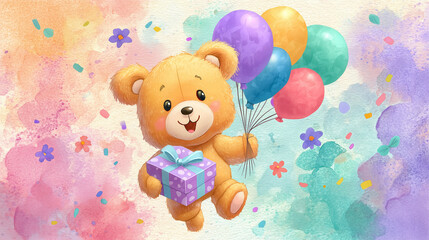 Cute cartoon bear holding balloons and a gift with colorful background  