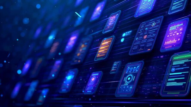 Multiple futuristic digital interface screens with data visualization, graphs, and user experience design elements in blue and purple color palette. Technological background with dynamic motion