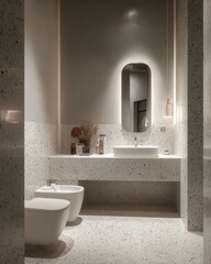 A minimalist bathroom with a modern design featuring a light beige and white mosaic tile floor and walls, a sleek white vanity, and a framed mirror.