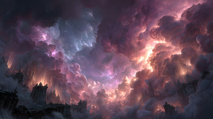A chaotic mid-air battle of divine and rebellious forces clashing, glowing weapons colliding, ethereal wings ablaze with radiant fire, storm clouds swirling crimson and violet,