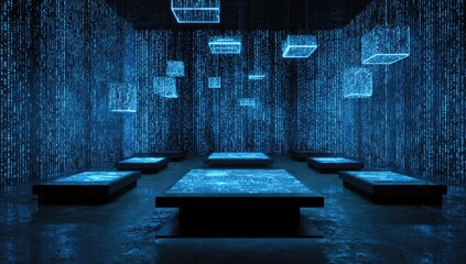 Futuristic Digital Room with Floating Cubes and Tables.