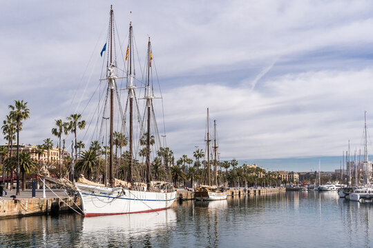 Barcelona, Spain-April 12, 2023. Schooner, Pailebot, Santa Eulalia, moored at the maritime museum of the Port Vell in Barcelona, Spain.