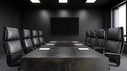 A stark, modern conference room is presented with a long, polished table and surrounding executive chairs, evoking a sense of power and formal discussion in a minimalist setting.