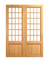 Obraz premium Pair of light-wood double doors with a gridded upper section and a solid lower panel, set against a white background