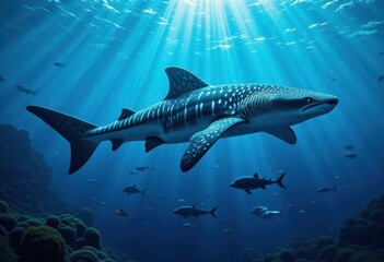 Fototapeta premium Majestic Shark Swimming Gracefully Through Deep Blue Ocean Under Sunlight Rays with Vibrant Marine Life Around in Stunning Underwater Scene