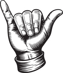 Detailed black and white engraving style illustration of hand making shaka surf gesture with precise hatching and vintage woodcut print quality